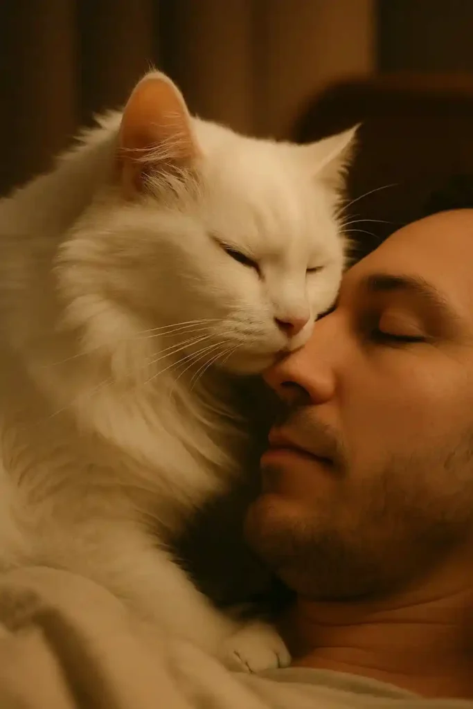 White long-haired cat resting its head near its owner, showing deep affection.