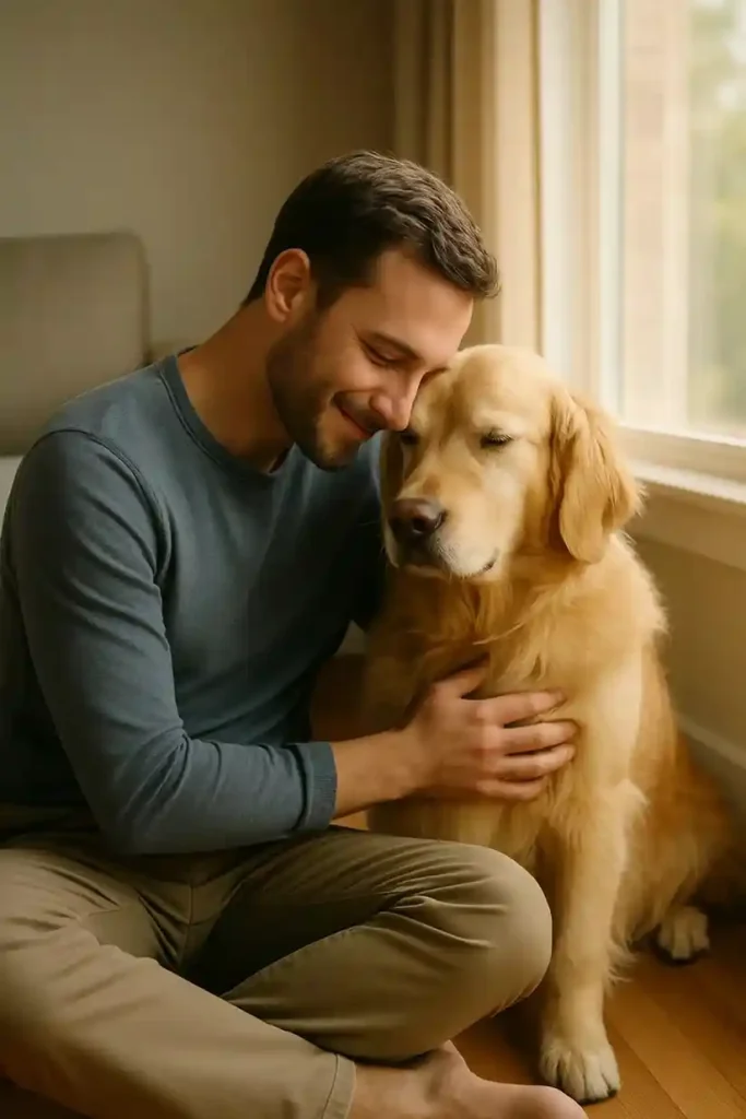 Man and golden retriever sharing a gentle forehead touch, symbolizing emotional connection and trust.