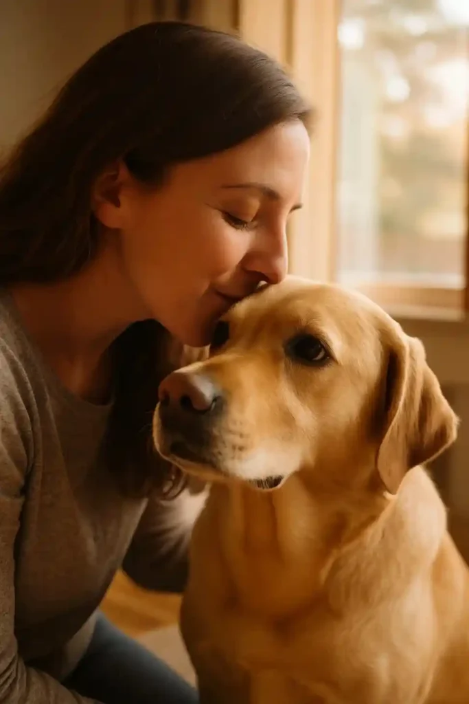 Woman teaching her dog affection through gentle kisses and calm interaction.