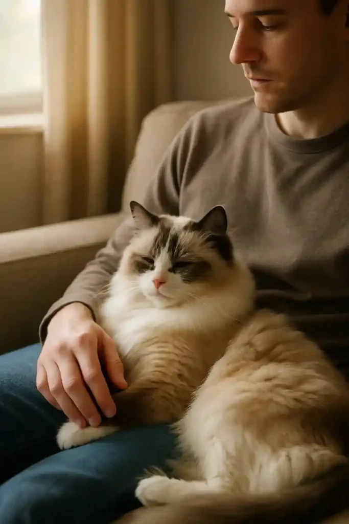 Ragdoll cat resting closely beside its owner on a cozy couch.