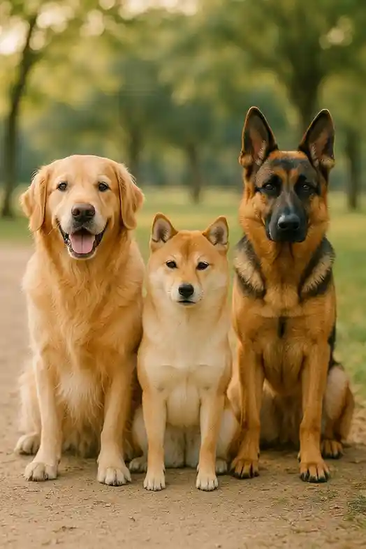 Different dog breeds sitting together, each showing unique personalities and expressions.