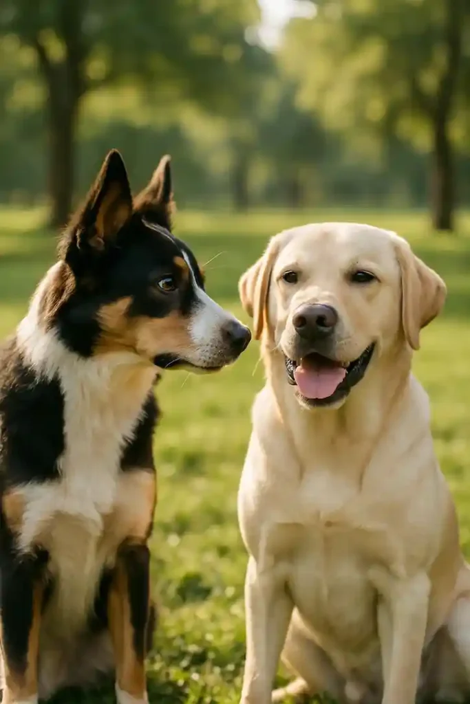 Two dogs in a park, one turning toward the other after hearing its name, showing alert curiosity.