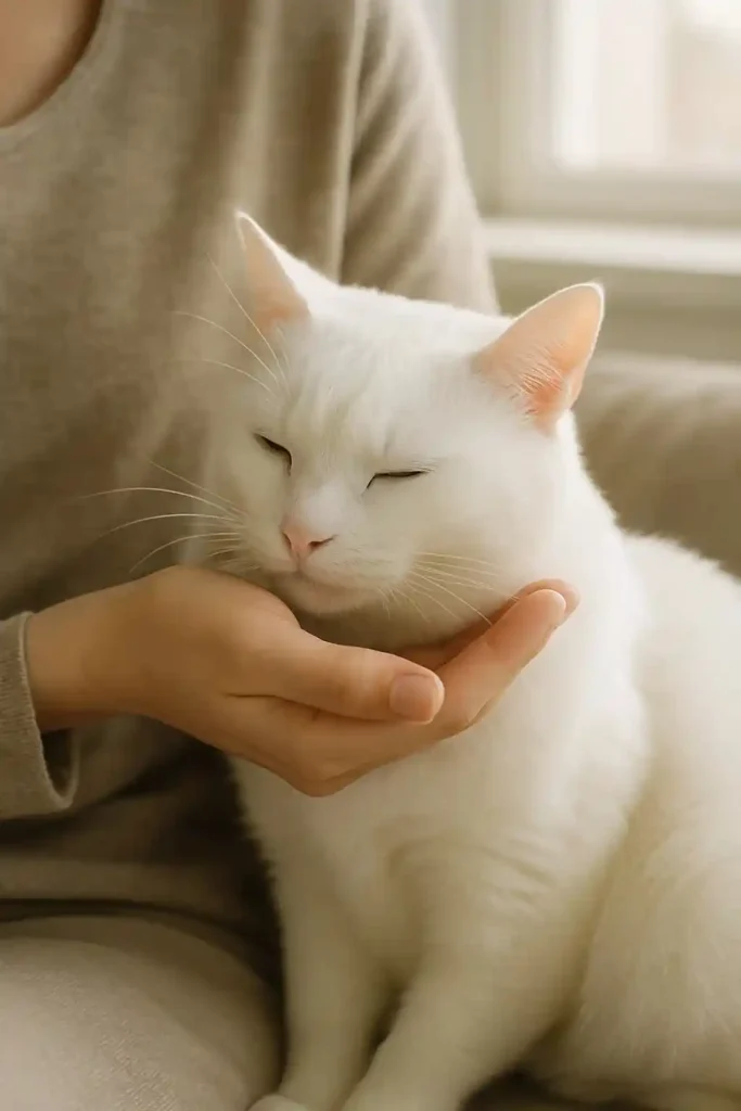 White cat resting its head in its owner’s hand, showing trust and vulnerability.