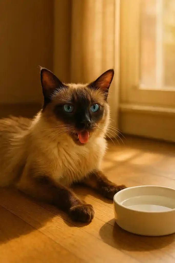 Balinese cat showing early signs of heat stress while resting near a sunny window.