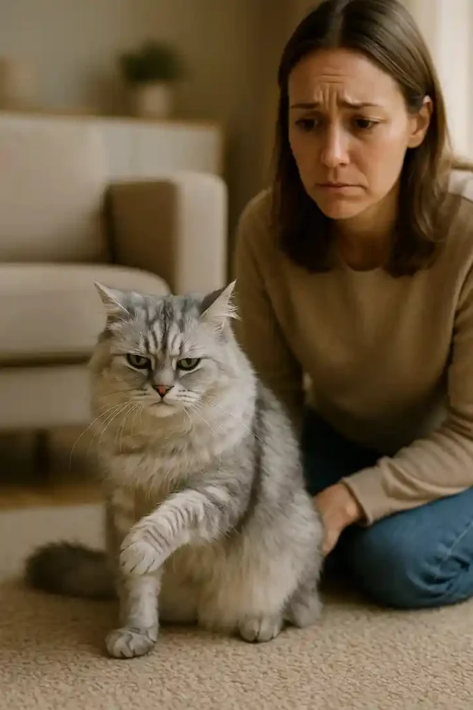 Silver-smoke long-haired cat showing subtle signs of discomfort while its owner watches with concern.