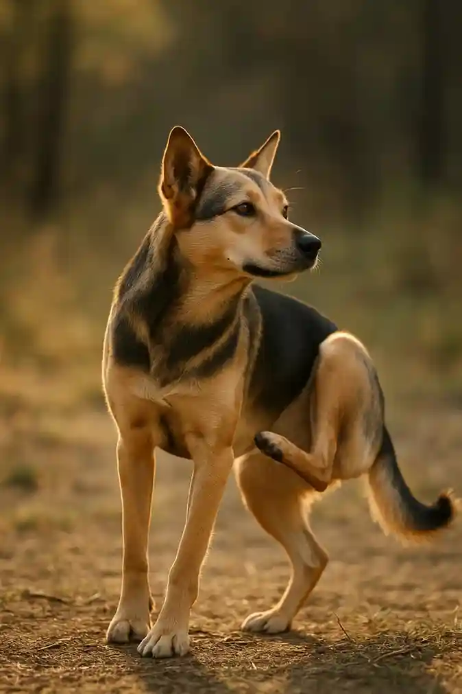 Dog instinctively kicking hind leg outdoors in natural sunlight.
