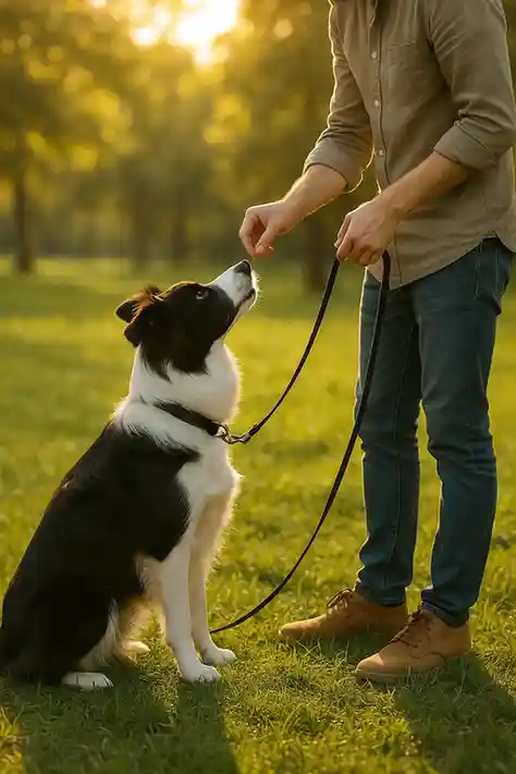 Border Collie being trained outdoors with treats and leash guidance.
