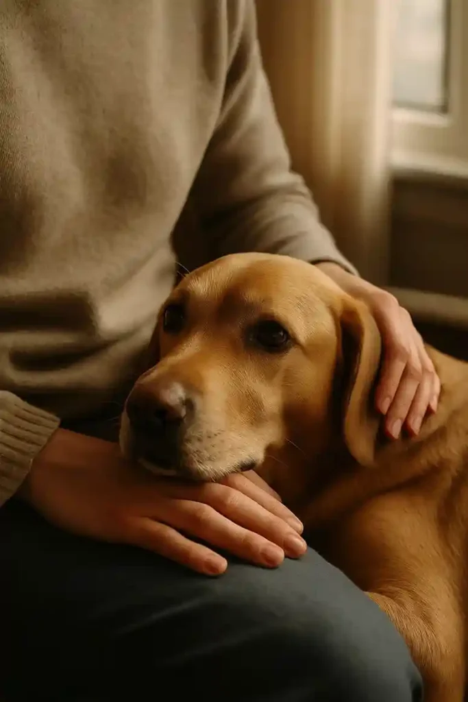 A dog rests its head on its owner’s lap, showing love and trust through gentle physical closeness.