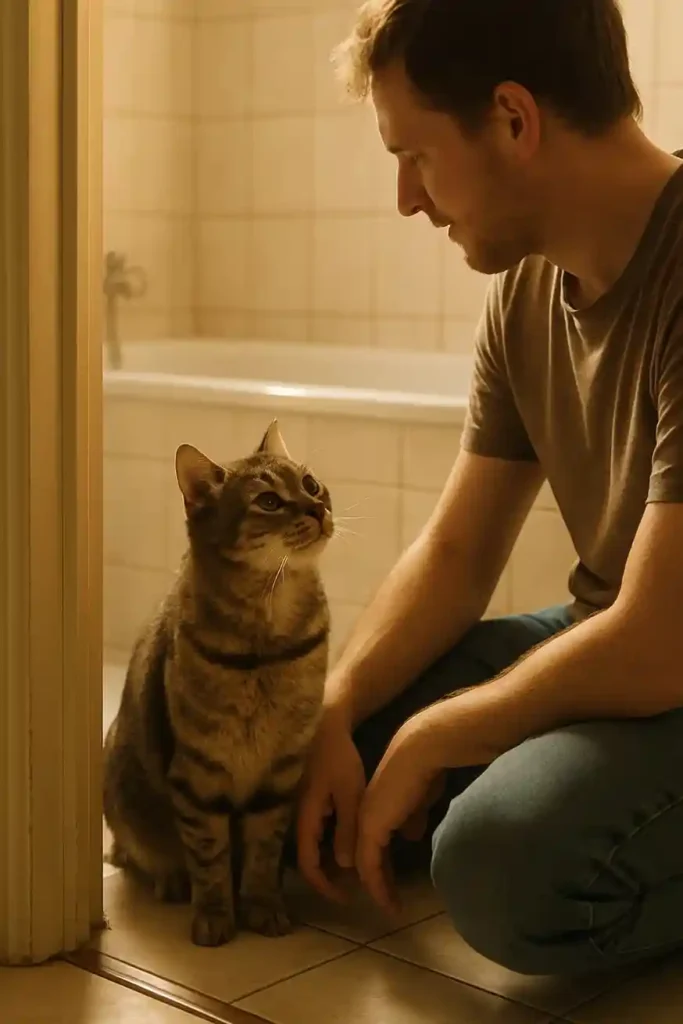 Cat sitting beside its owner in the bathroom doorway, showing loyalty and affection.