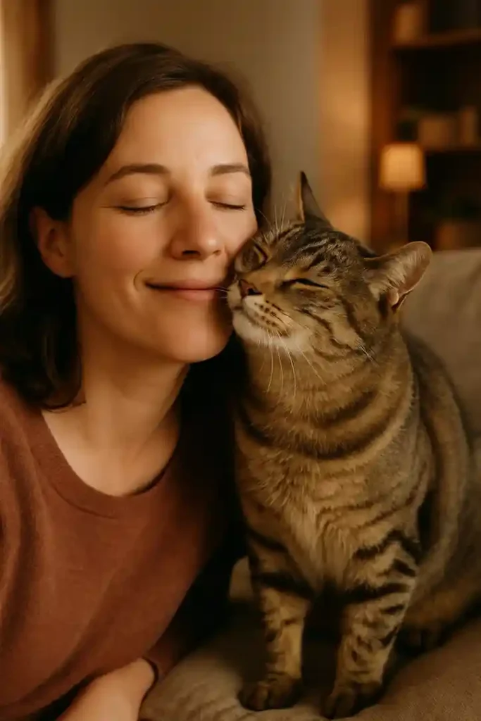 A cat gently rubbing its face against its owner to mark them with scent in a cozy home.