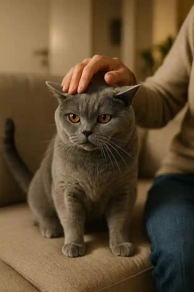 British Shorthair cat showing mild overstimulation while being petted, with ears angled outward and tail flicking beside its owner.