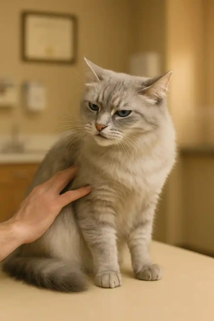 A new long-haired cat showing mild discomfort as a hand touches its sensitive side.