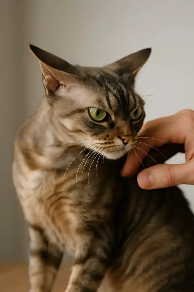 A rare cat showing irritation as an owner pets its back.