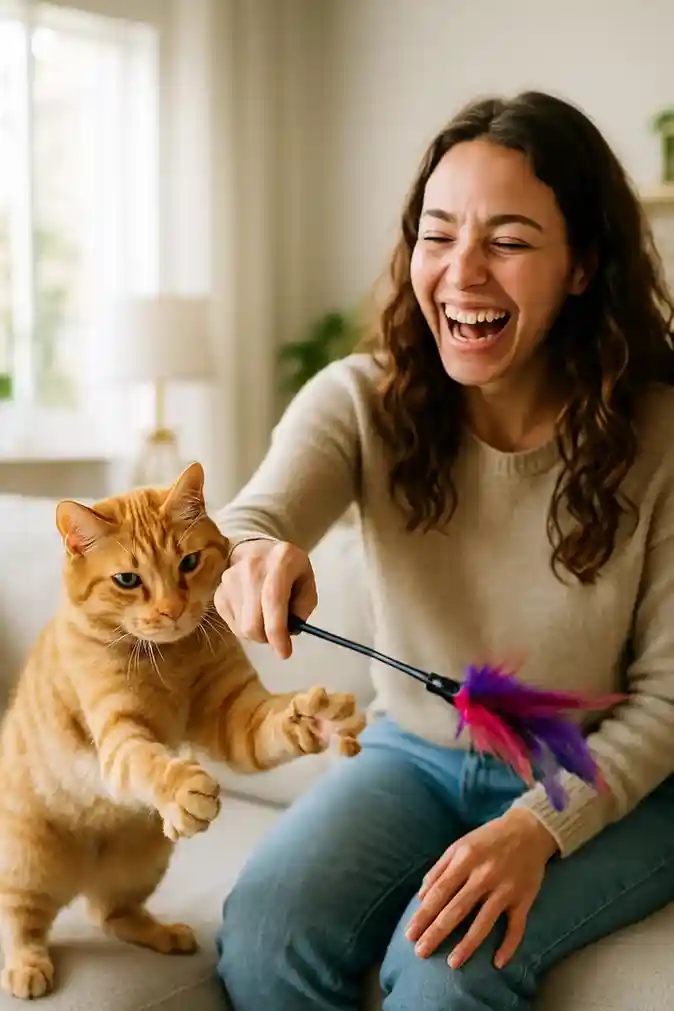 A woman joyfully playing with her cat using a feather toy in a bright living room.