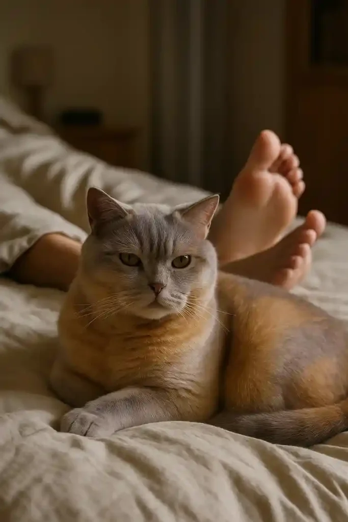 Lilac-gold shorthair cat resting near the owner’s feet at the end of a bed.