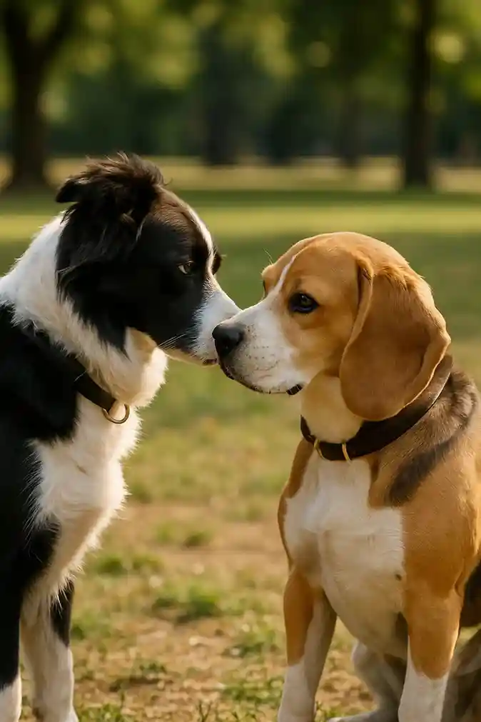 Two dogs sniffing each other’s ears in a park, showing natural scent-based communication.
