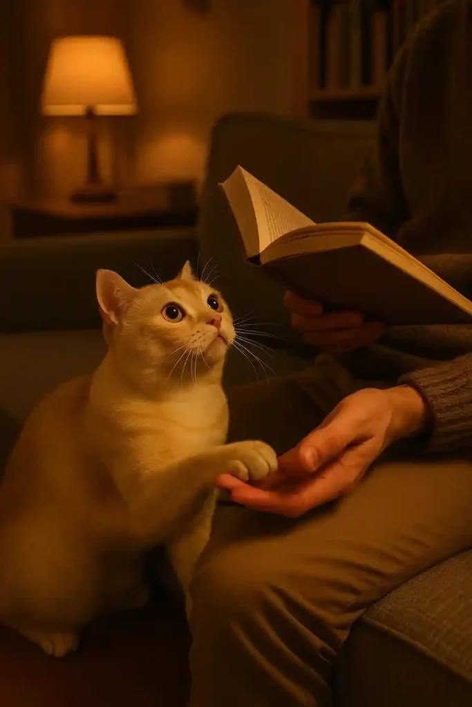 Cream-gold short-fur cat seeking attention from its owner at night.