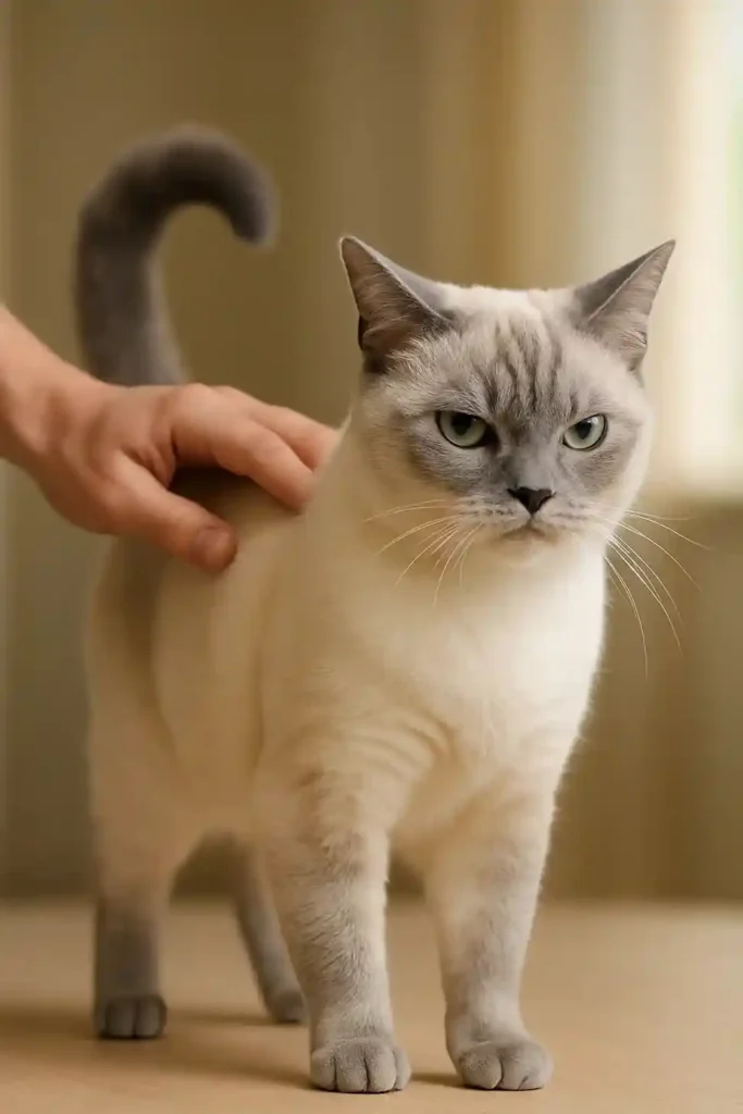 A cream-and-gray cat reacting to gentle petting on its lower back, showing mild overstimulation cues.