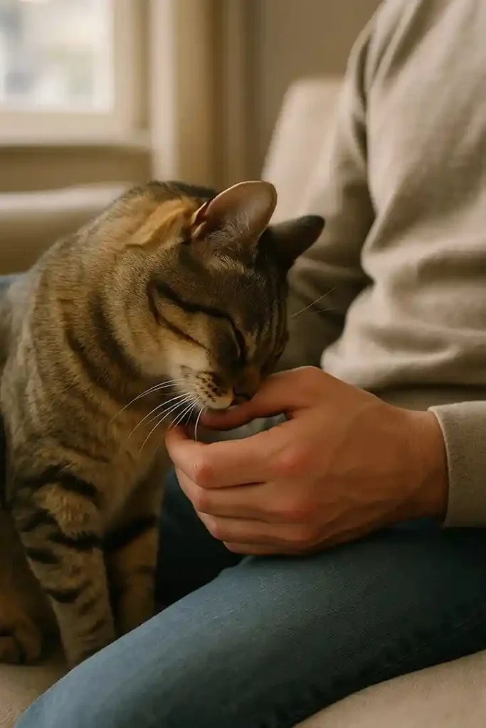 Cat gently touching its forehead to its owner’s hand on a couch, showing shared space and trust.