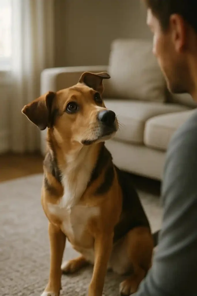 A dog turning its head toward its owner with an alert, recognizing look after hearing its name.