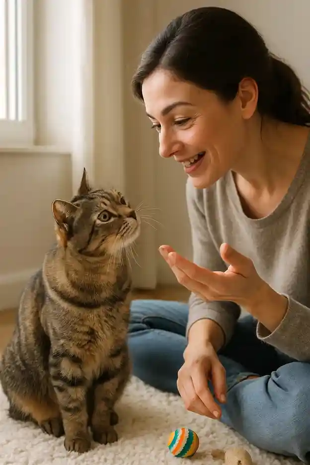 A woman sitting on the floor talking to her cat, both making eye contact in a warm, engaging moment.