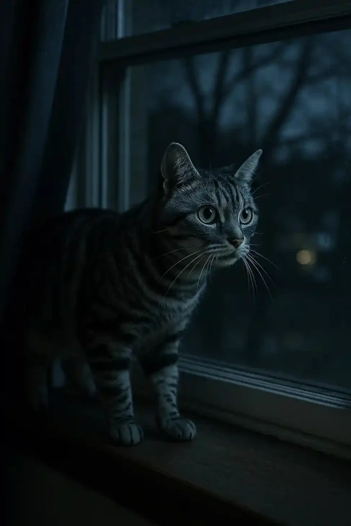 Charcoal-silver striped cat alert at a window reacting to nighttime outdoor noises.