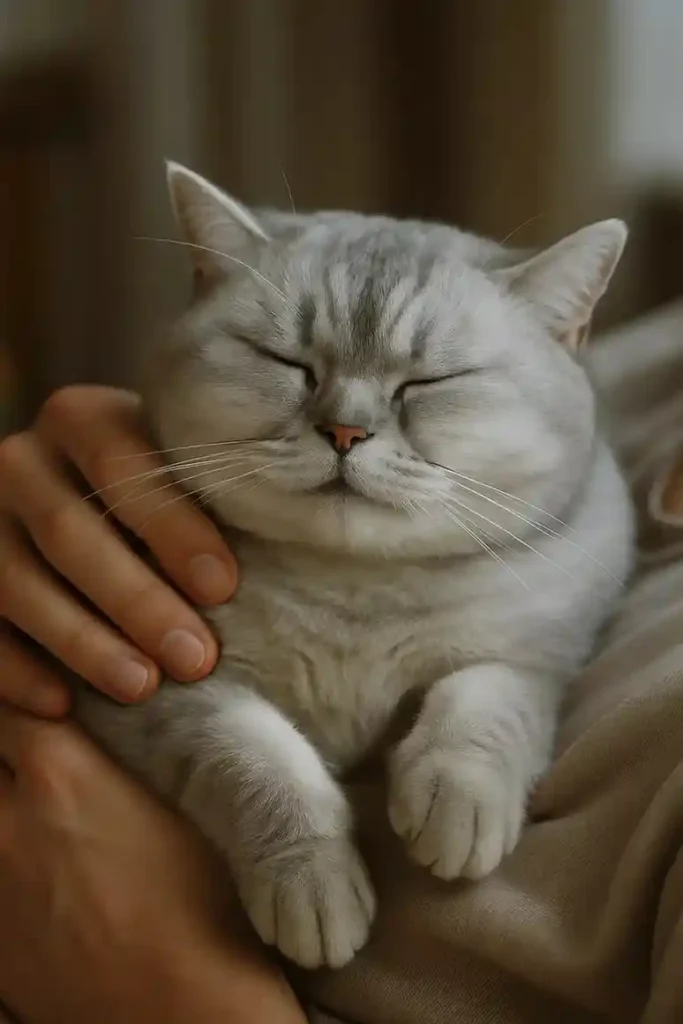 Silver British Shorthair cat purring calmly on its owner’s chest.