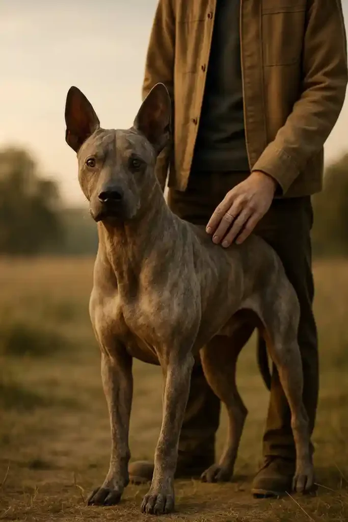 A loyal, alert dog standing protectively beside its owner during golden hour.