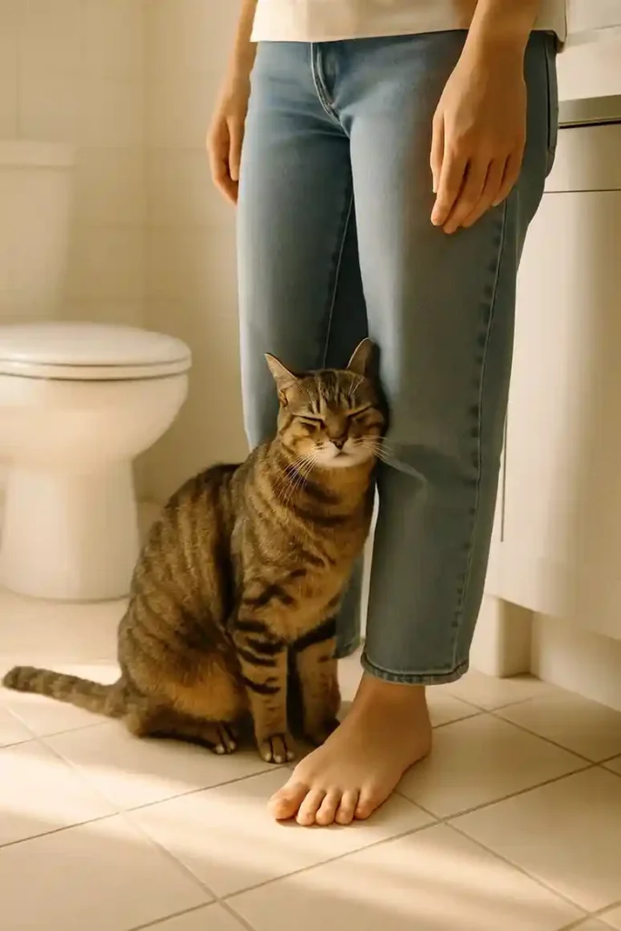 Cat leaning against its owner in the bathroom, showing trust and comfort.