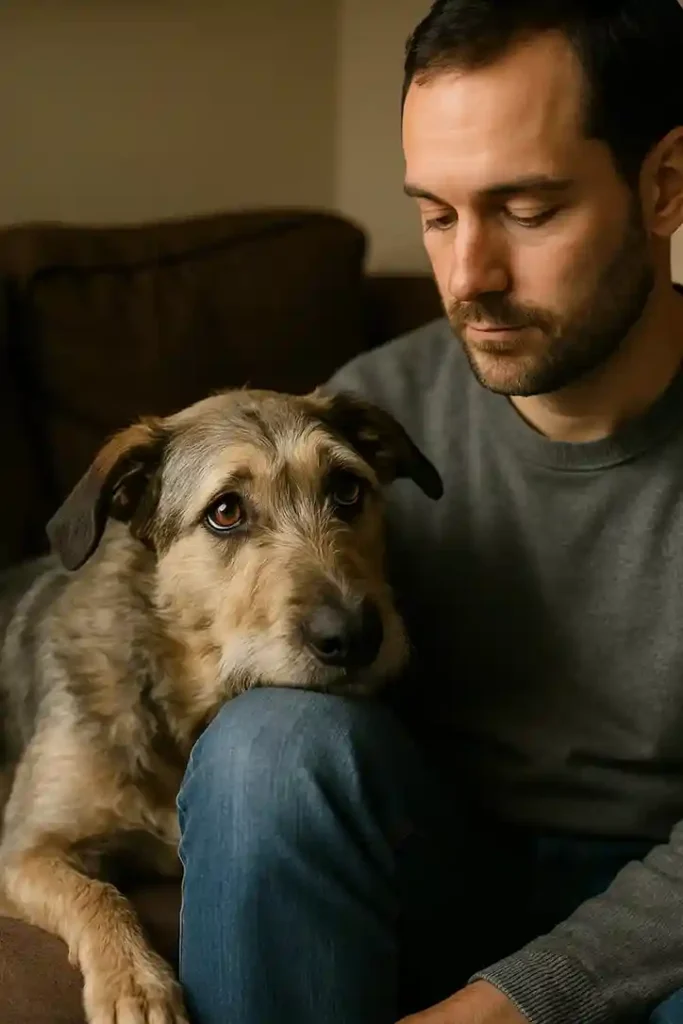 An expressive, unique dog resting its head on its owner’s knee with deep understanding.