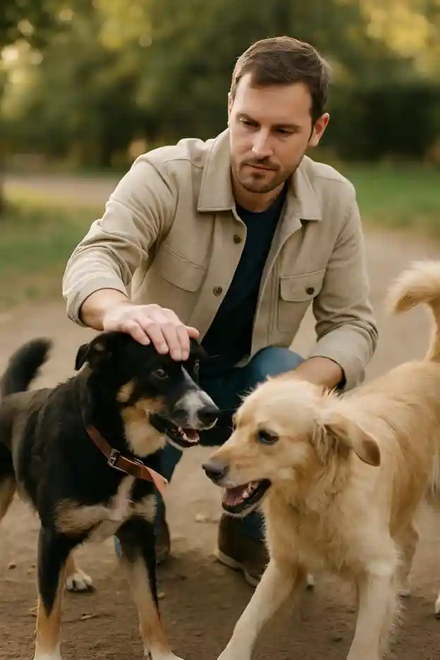 Dog owner calmly redirecting two dogs during play to prevent over-licking.