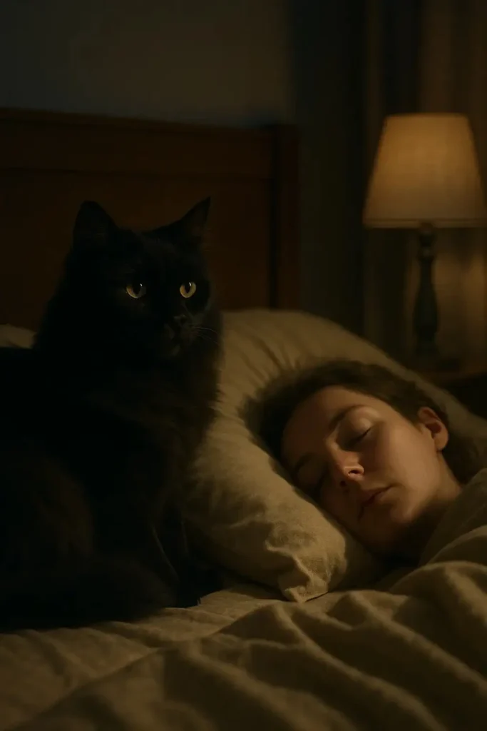 White long-haired cat lying alert near its sleeping owner, appearing protective.