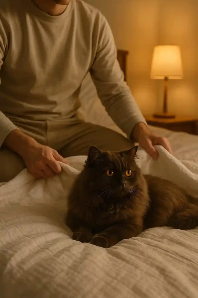 Cinnamon-smoke longhair cat settling at the owner’s feet during their bedtime routine.