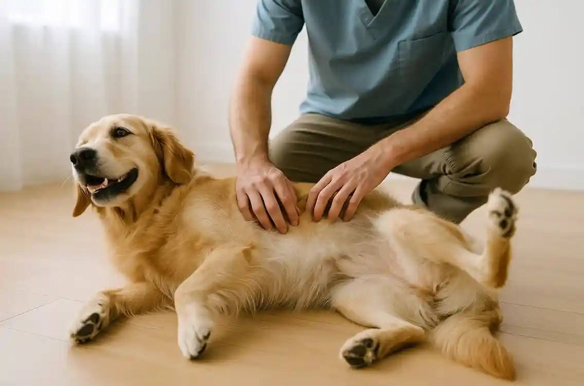 Golden retriever showing scratch reflex as vet gently scratches belly indoors