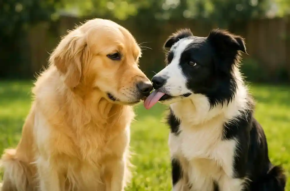Two friendly dogs sitting close together, showing affection and gentle communication.