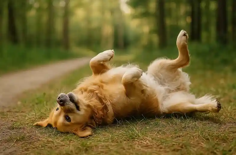 Golden retriever rolling on grass outdoors showing natural scent behavior.