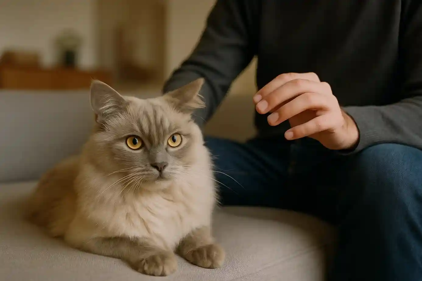 A rare long-fur cat sitting beside its owner, pausing before being petted.