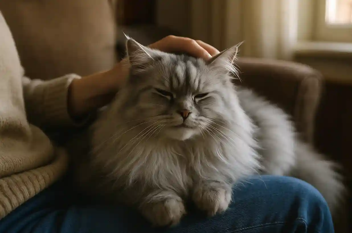 Silver Mist Highland Cat relaxing on owner’s lap and drooling slightly while being gently petted.