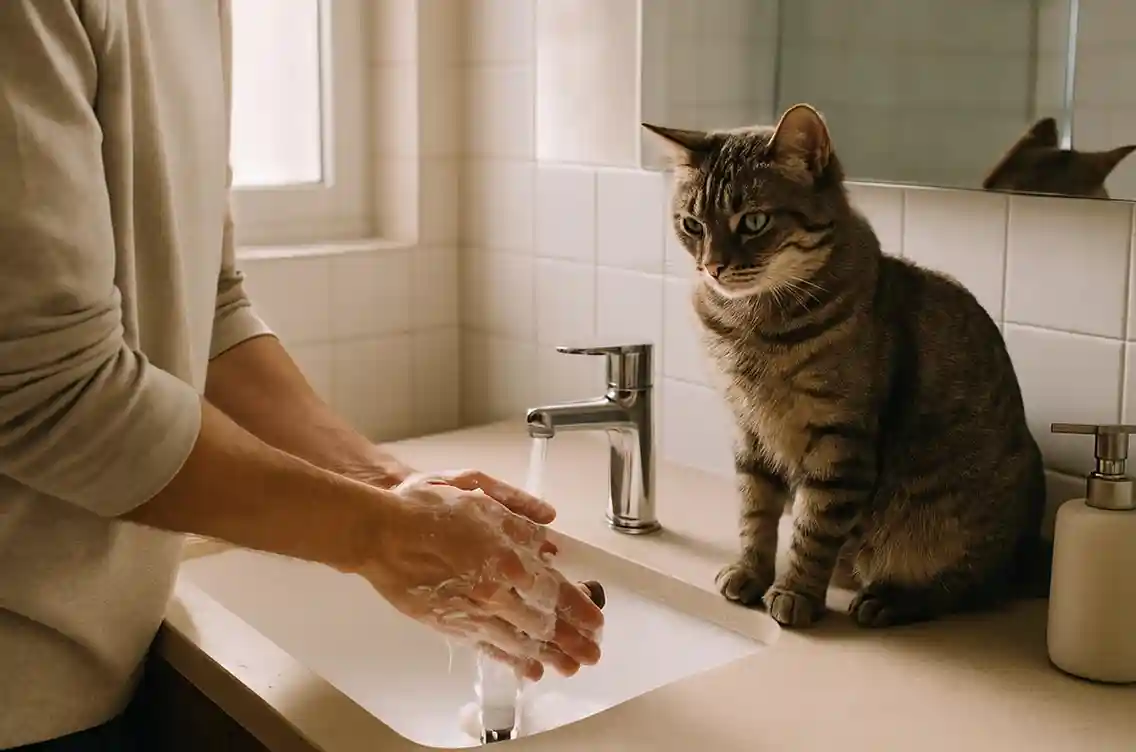Owner washing hands while their curious cat watches from the bathroom counter.