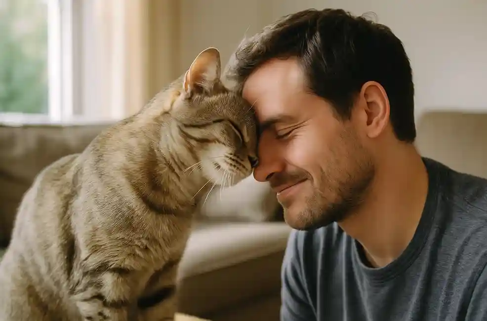 A cat gently headbutting its owner’s forehead in a warm, naturally lit living room.