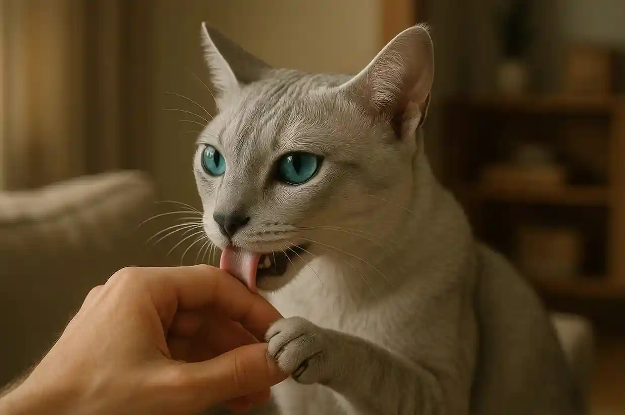 New silver-furred cat licking its owner’s hand before a gentle bite in a warm living room.
