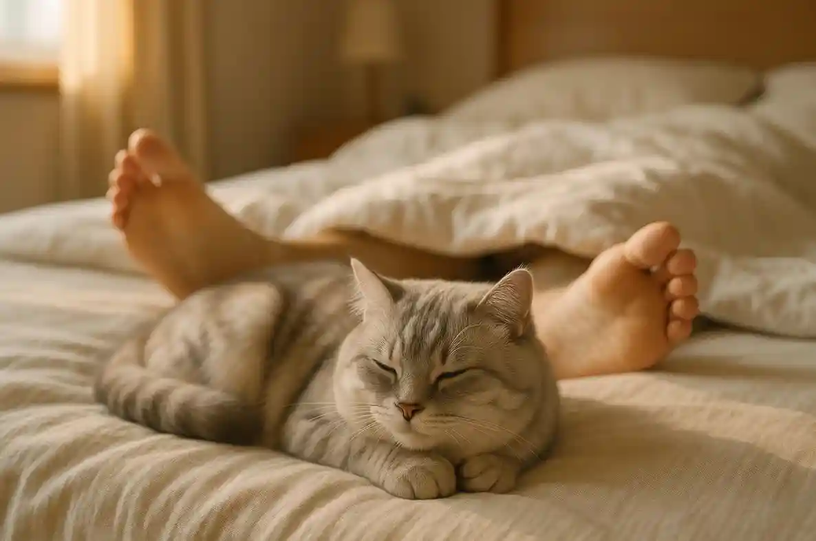 A silver-cream marble-patterned cat sleeping calmly at the foot of a bed near its owner’s feet.